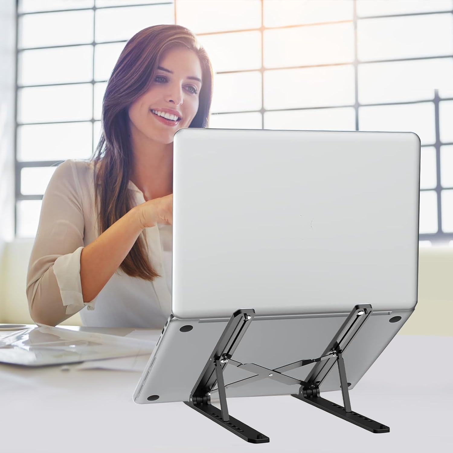 10-Levels Angles Adjustable Laptop Stand for Desk, Foldable Riser, Portable Holder Mount, Ventilated Cooling Computer Notebook Stand (Black)
